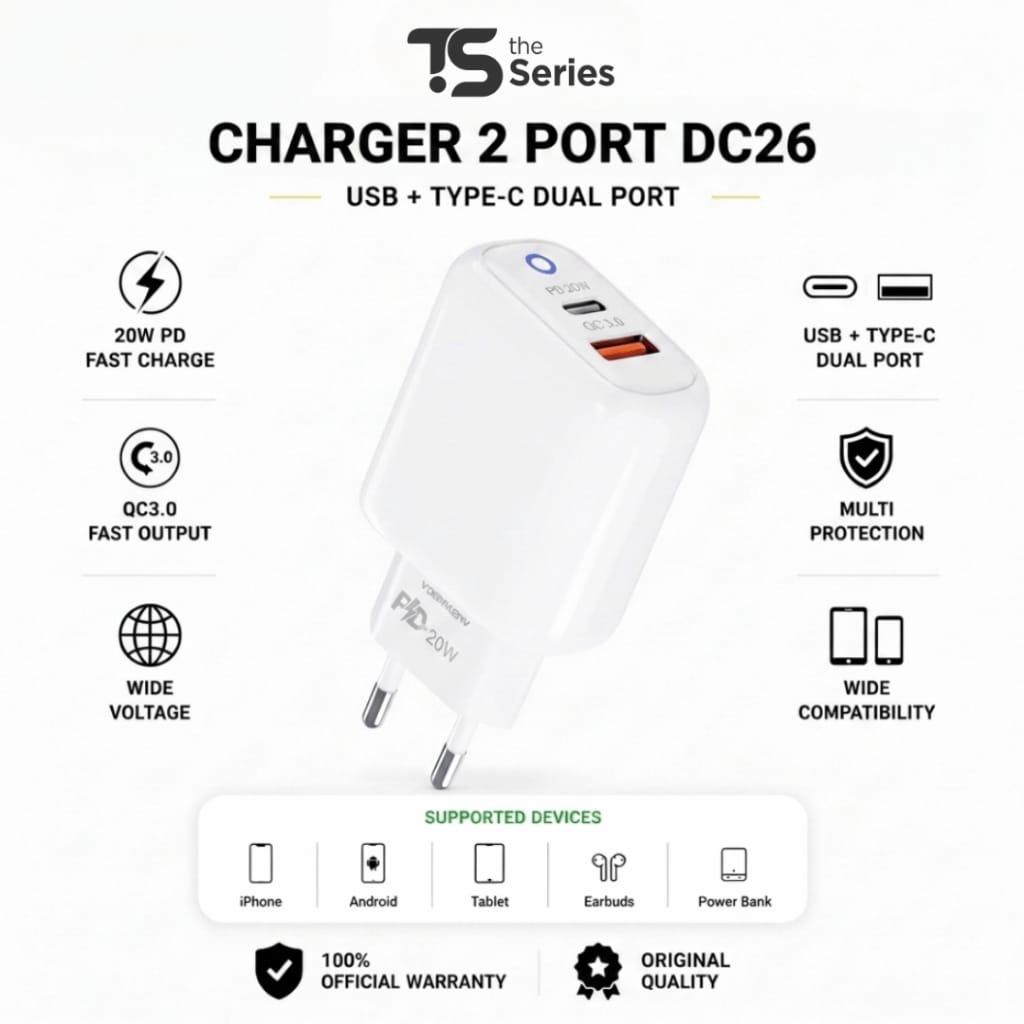 TheSeries Kepala Charger iPhone PD20W Fast Charging Type C USB QC3.0 Dual Port Adapter Kepala Charger iPhone 15 14 13 12 11 Oppo Vivo